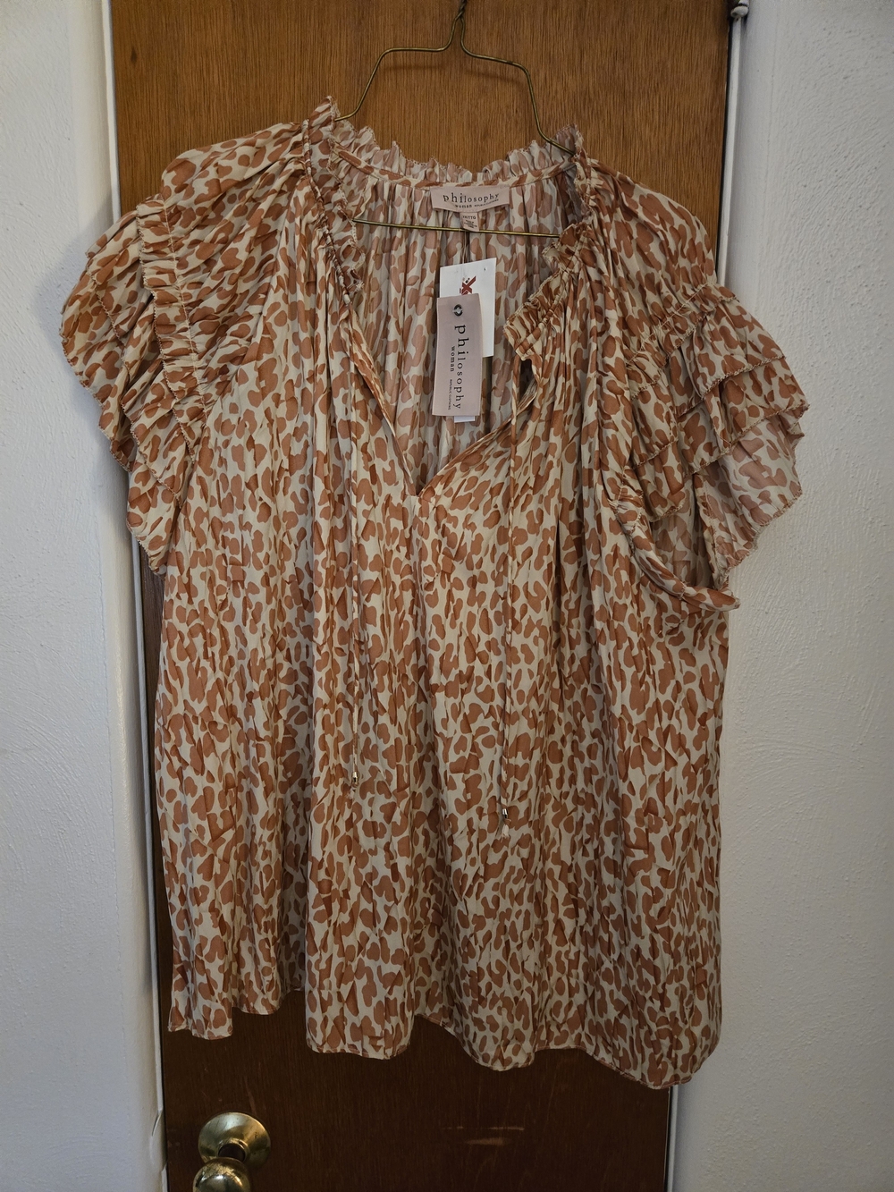 Philosophy Cream & Brown Printed Ruffle Sleeve Women's Top